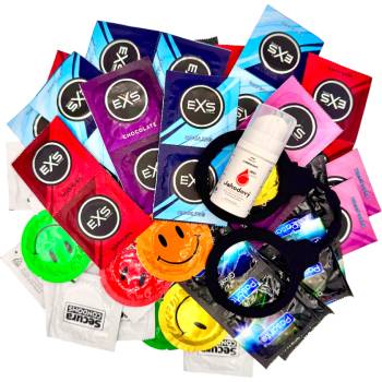 Sexy Elephant Набор различных презервативов - Explore pack (72 шт. ) + смазывающий гель SE strawberry 15 мл +силиконови белезници Handcuffs