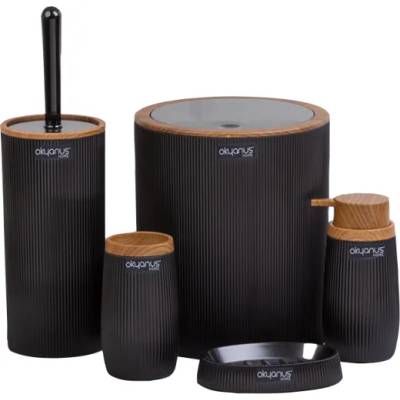FREEHOME Комплект за баня Freehome OKY-478-3-S, 5 части, Дървен/Черен райе