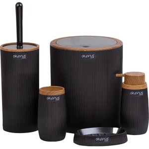 FREEHOME Комплект за баня Freehome OKY-478-3-S, 5 части, Дървен/Черен райе