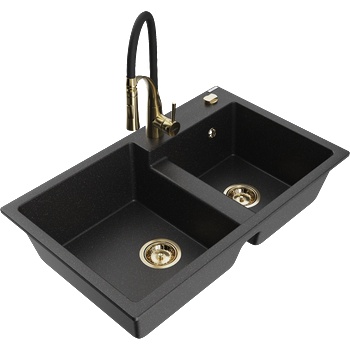 Mexen Tomas гранитна кухненска мивка с 2 камери и смесител Aster, черно/сребрист металик - 6516-73-73450-57-G (6516-73-73450-57-G)