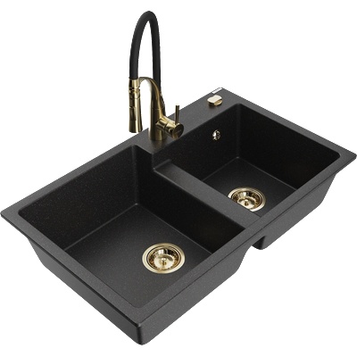 Mexen Tomas гранитна кухненска мивка с 2 камери и смесител Aster, черно/сребрист металик - 6516-73-73450-57-G (6516-73-73450-57-G)