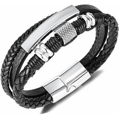 Nefertitis Pánský trojitý černý kožený náramek Mechanic nerez ocel dekor NF53423 - obvod cca 19,8 cm