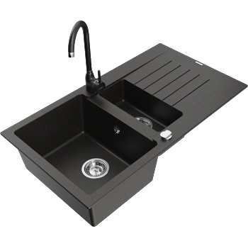 Mexen Matias гранитна мивка 1, 5-камерна с отцедник и кухненски смесител Telma, черно/златно - 6502-75-670200-70 (6502-75-670200-70)