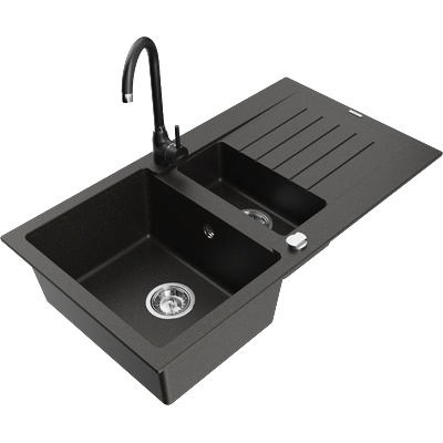 Mexen Matias гранитна мивка 1, 5-камерна с отцедник и кухненски смесител Telma, черно/златно - 6502-75-670200-70 (6502-75-670200-70)