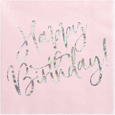 PartyDeco papírové ubrousky Happy Birthday růžové 33x33cm 20ks