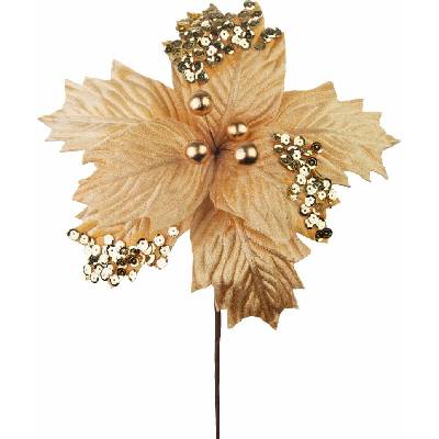 Kvet MagicHome Vianoce, poinsettia, s guľkami, zlatý, 18 cm, veľkosť kvetu: 20 cm