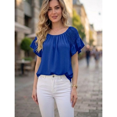 Vzdušná halenka s volánky a žabičkovými rukávy tmavě modrá