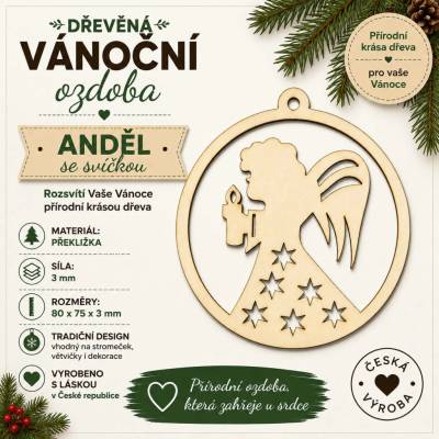 ADVIPO Dřevěná vánoční ozdoba Anděl se svíčkou v kruhu 80 × 75 mm