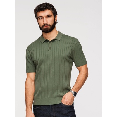 Ombre Clothing Мъжка поло риза SLIM FIT от вискоза с вертикални ребра - маслиново зелена V4 OM-POSS-0169 Ombre Clothing Ombre Clothing | Zelen | МЪЖЕ | L