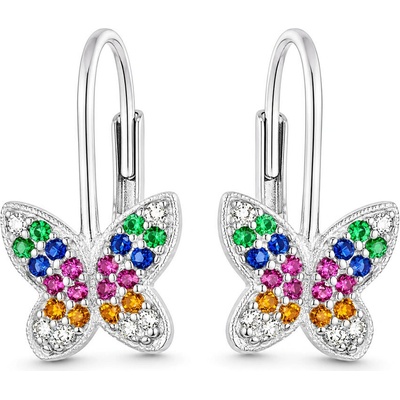 Argento Strieborné náušnice motýľ, farebné okrúhle zirkóny 67276