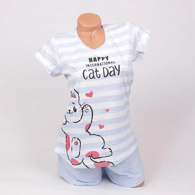 Лятна пижама с раиран десен в синьо и бяло с коте