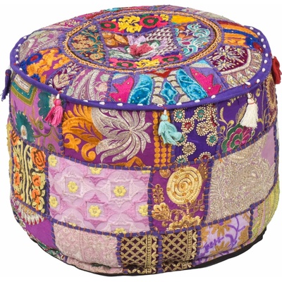 Sanu Babu Taburet z Rajasthanu s bohatou Ari výšivkou, průměr 49cm výška 36cm patchwork (DJ)