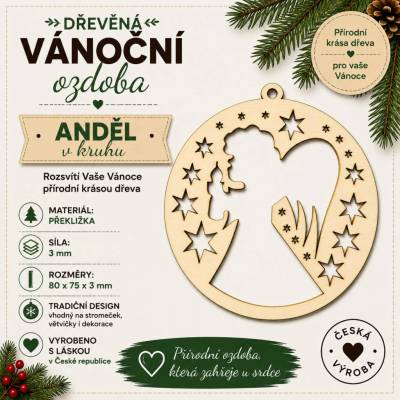 ADVIPO Dřevěná vánoční ozdoba Anděl se svíčkou a hvězdičkami