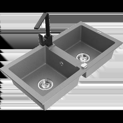 Mario гранитна мивка с два басейна и кухненски смесител Rita, сив - 6504-71-670300-70 (6504-71-670300-70)