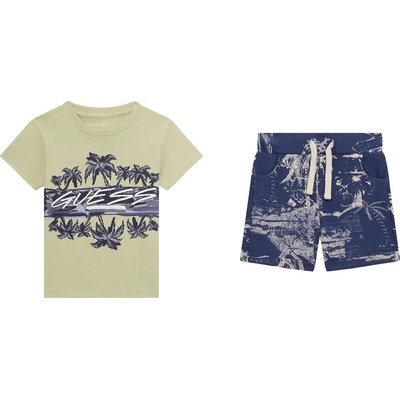 Guess Комплект за момче със зелена тениска с палми и тъмно сини къси спортни панталони Guess
