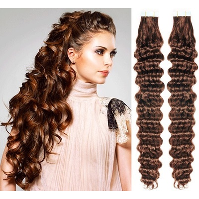 Vlasy pro metodu Pu Extension / TapeX / Tape Hair / Tape IN 60cm kučeravé - stredne hnedé