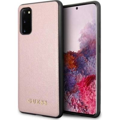 GUESS Iridescent Leather Hard Case - дизайнерски кожен кейс за Samsung Galaxy S20 (розово злато)