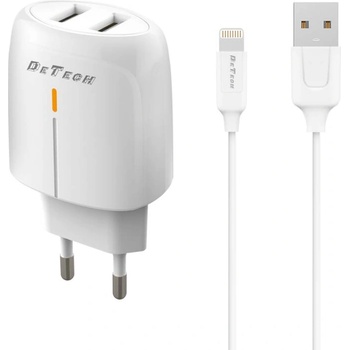 Image 1 of DeTech Мрежово зарядно устройство DeTech DE-32QCi, 18W, С Lightning кабел, 2 x USB F, QC, Бял - 40326