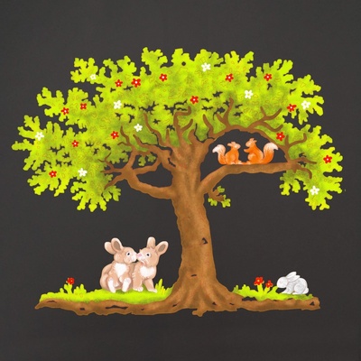 Amadea dřevěná dekorace strom se zajíci barevná dekorace k zavěšení 18 cm