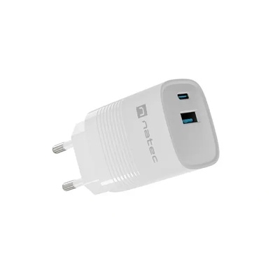 Адаптер Natec USB Charger, Ribera Gan, 1X USB-A + 1X USB-C, 30W, бял (NUC-2140)