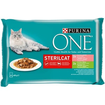 Purina One STERILCAT s krůtou a zelenými fazolkami ve šťávě s lososem a mrkví ve šťávě 4 x 85 g