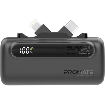 Image 1 of Promate Външна батерия ProMate, PowerUp-Duo. Black 5000mAh Mini Power Bank, 20W USB-C In/Out and Lightning folding Connectors, 20W USB-C In/Out Port, LED Battery Display - Черна