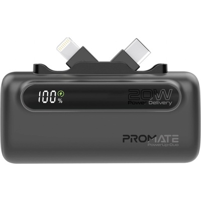 Promate Външна батерия ProMate, PowerUp-Duo. Black 5000mAh Mini Power Bank, 20W USB-C In/Out and Lightning folding Connectors, 20W USB-C In/Out Port, LED Battery Display - Черна