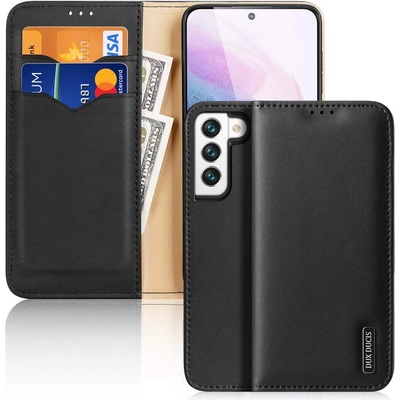 Dux Ducis Hivo Genuine Leather Flip Wallet Case - кожен калъф от естествена кожа с поставка и отделение за кр. карти за Samsung Galaxy S22 (черен)