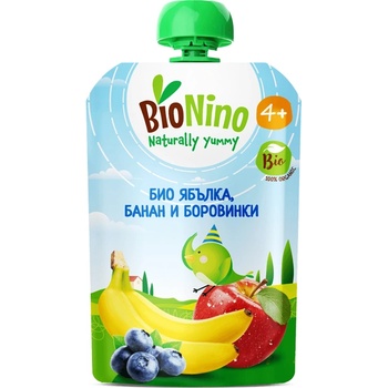 BioNino БИО плодова закуска с ябълка, банан и боровинки 4м+ 90 г
