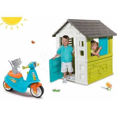 Smoby set domeček Pretty Blue se zasouvací okenicí a odrážedlo Scooter Blue s gumovými koly 310064-14