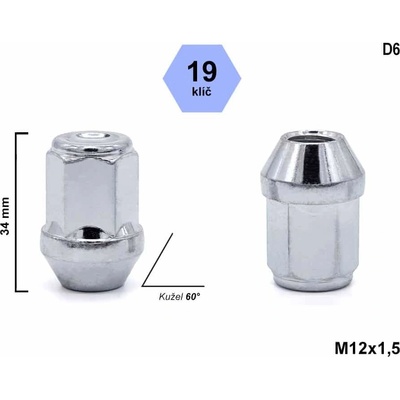 Kolová matice M12x1,5 kužel zavřená, klíč 19, D6, výška 34 mm – Zbozi.Blesk.cz