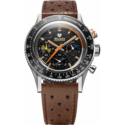 Nivada Grenchen Chronoking Meca Racing Carbon - Inter. Bezel - Brown Racing Strap