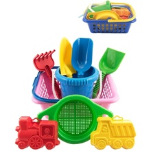 Teddies Košík sada - 2 bábovky rýč lopatka hrabičky sítko kbelík nákupní košík