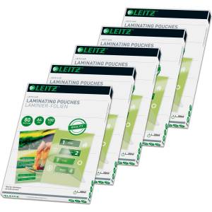 Leitz hot laminating foils A4 80 mic, 5 packs of 100 pieces, high-quality laminating foils with rounded corners, transparent, glossy, for use at home or in the office, 74330000 (74330000)