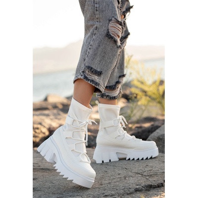 Moda Trend Дамски текстилни боти с връзки - Бели #361445 (361445_Бяло)