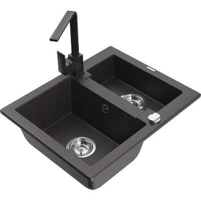 Mexen Carlos гранитна мивка 1, 5 камери с кухненски смесител Rita, черно напукано - 6518-76-670300-76 (6518-76-670300-76)