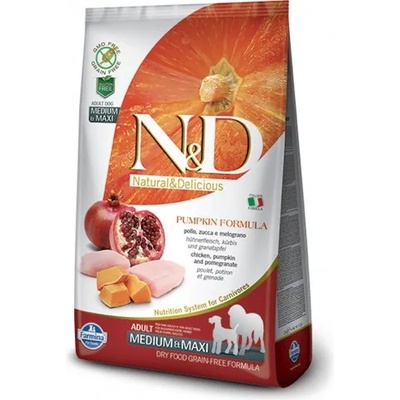 N&d grain free pumpkin chicken & pomegranate adult medium & maxi - пълноценна храна за кучета в зряла възраст над 1 година от средните и едри породи с тиква, пиле и нар 2, 5 кг pnd025855s