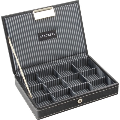 Stackers Кутия за копчета за ръкавели, райе, мини, черна, с капак, 12 отделения (70548)