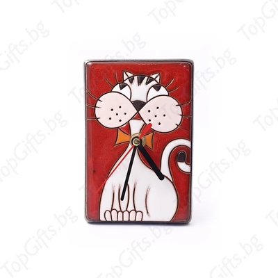 Стенен керамичен часовник с котка