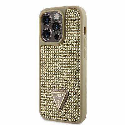 GUESS Rhinestones Triangle Metal Logo Case - силиконов (TPU) калъф за iPhone 14 Pro (златист)