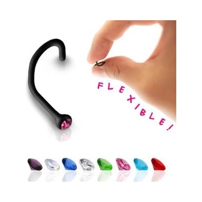 Šperky eshop zahnutý piercing do nosu z černého bioflexu barevný zirkon PC10.29 aqua modrá Q