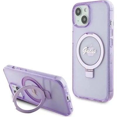 GUESS Кейс Guess Ring Stand Script Glitter MagSafe за iPhone 15 Plus / 14 Plus, лилав (3666339156756)