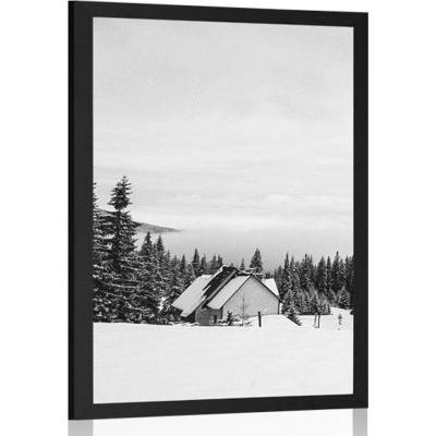Plakát chaloupka v zasněžené přírodě v černobílém provedení - 30x45 black