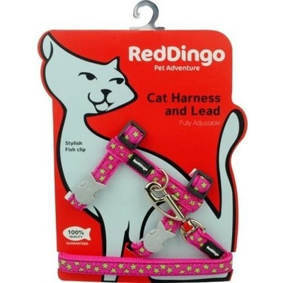 Red Dingo postroj s vodítkem pro kočky Stars Lime on Hot Pink 12 mm