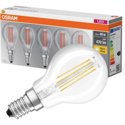 OSRAM 4058075090668 LED 2021 E A - G E14 kvapkový tvar 4 W = 40 W teplá biela 45 mm x 84 mm vlákno 5 ks; 4058075090668