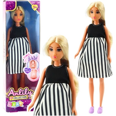 Lean Toys Bábika Anlily Tehotná čiernobiele pruhované šaty dojča