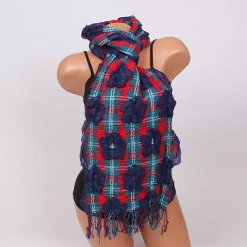 Image 1 of Кариран шал в червено и петролено с тъмносини цветя