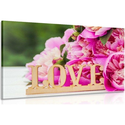 Obraz pivoňky s nápisem Love - 120x80
