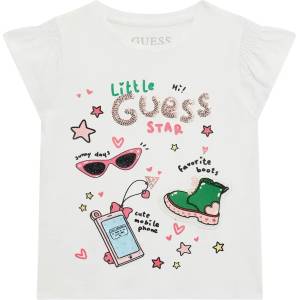 GUESS Бяла тениска за мини момиче с много цветни детайли, пайети и глитери Guess
