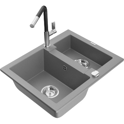 Mexen Carlos гранитна мивка с 1, 5 отделения и кухненски смесител Flora, сив (6518-71-670401-07)